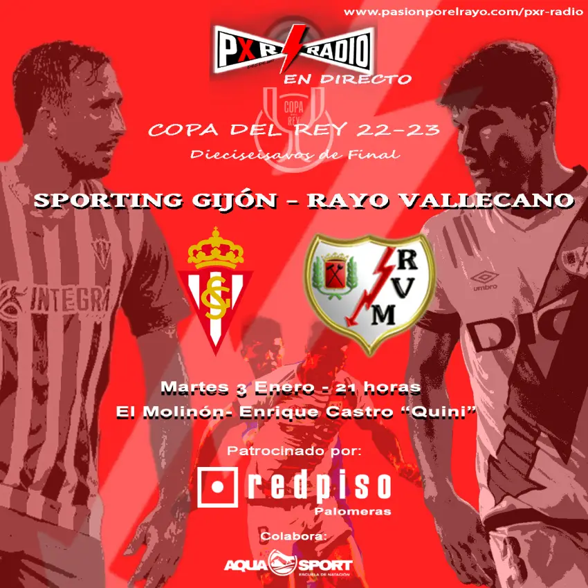 Cartel promocional de PxR Radio del partido Sporting - Rayo de Copa del Rey