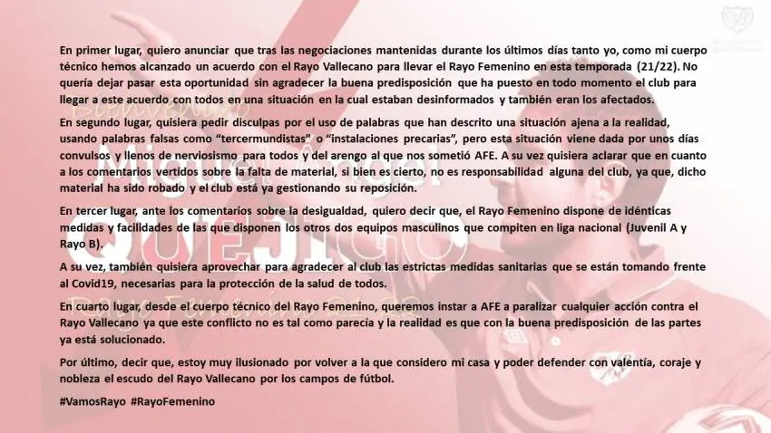 Quejigo pide a AFE que paralice &quot;cualquier acción contra el Rayo Vallecano&quot;